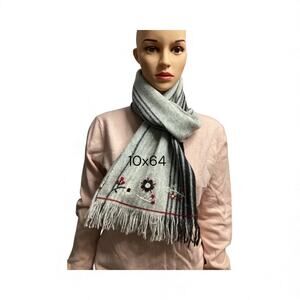 Cousin Johnny 100% cotton scarf grey striped pattern embroidered floral